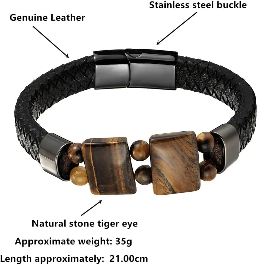 Men's Tiger Eyes Leather Bracelets Braided Rope Bracelet, Double Tiger's Eyes Stone Bead Cuff Bracelets Stainless Steel Clasp