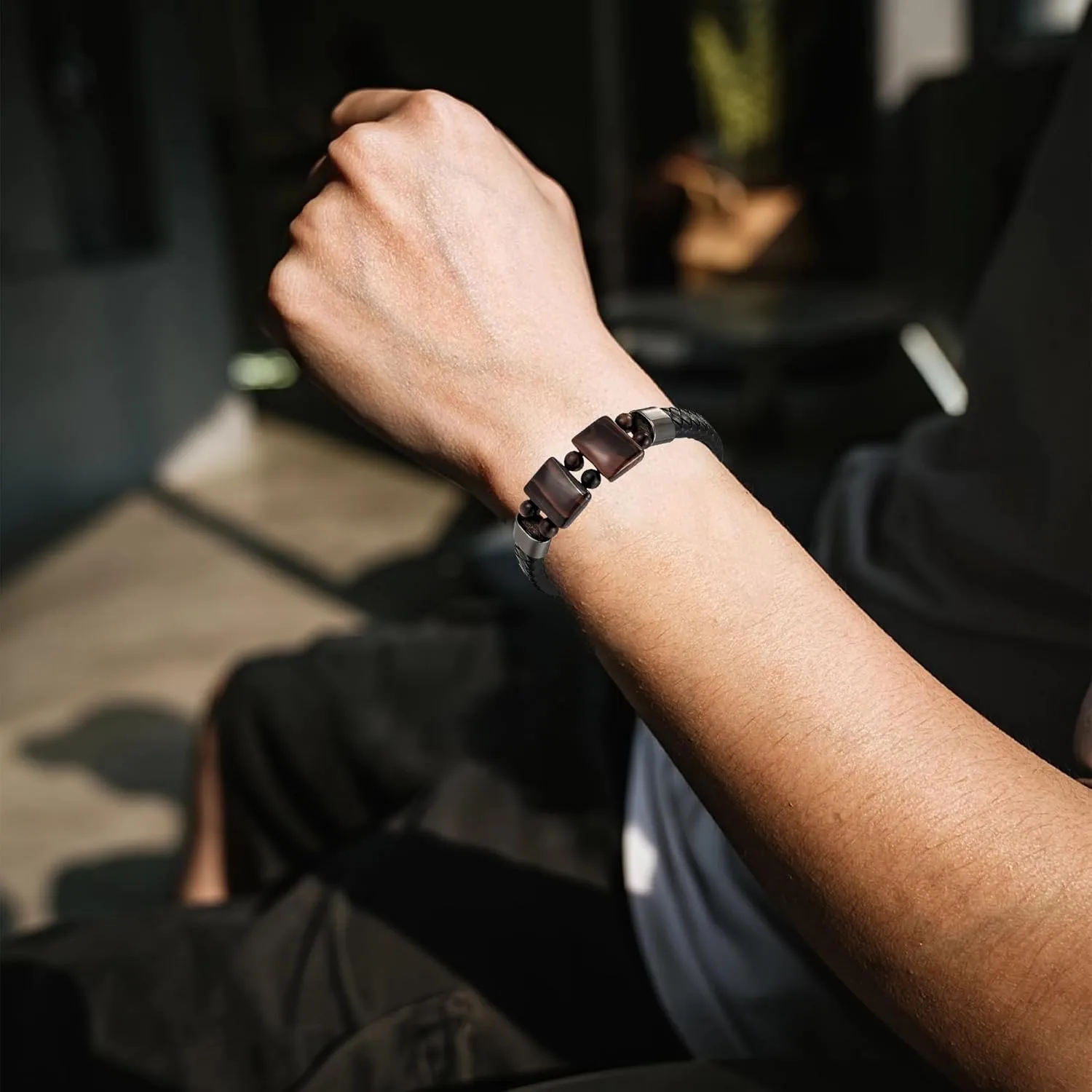 Men's Tiger Eyes Leather Bracelets Braided Rope Bracelet, Double Tiger's Eyes Stone Bead Cuff Bracelets Stainless Steel Clasp