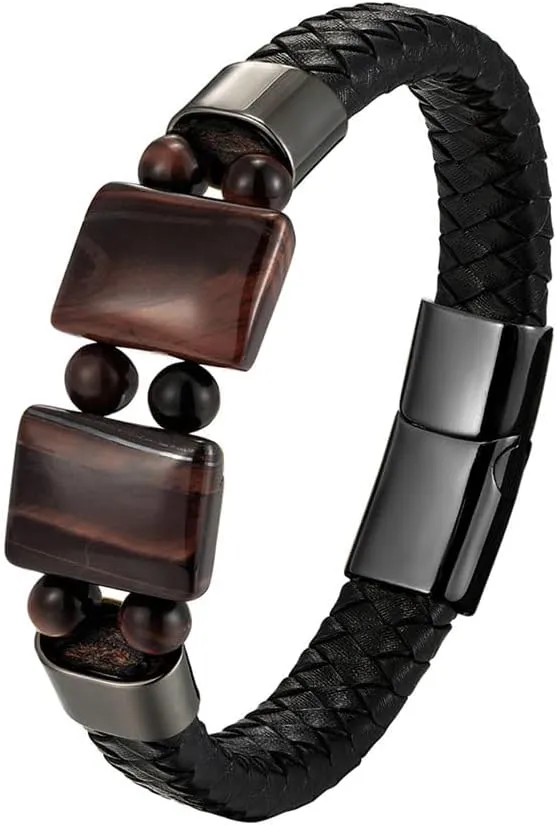 Men's Tiger Eyes Leather Bracelets Braided Rope Bracelet, Double Tiger's Eyes Stone Bead Cuff Bracelets Stainless Steel Clasp