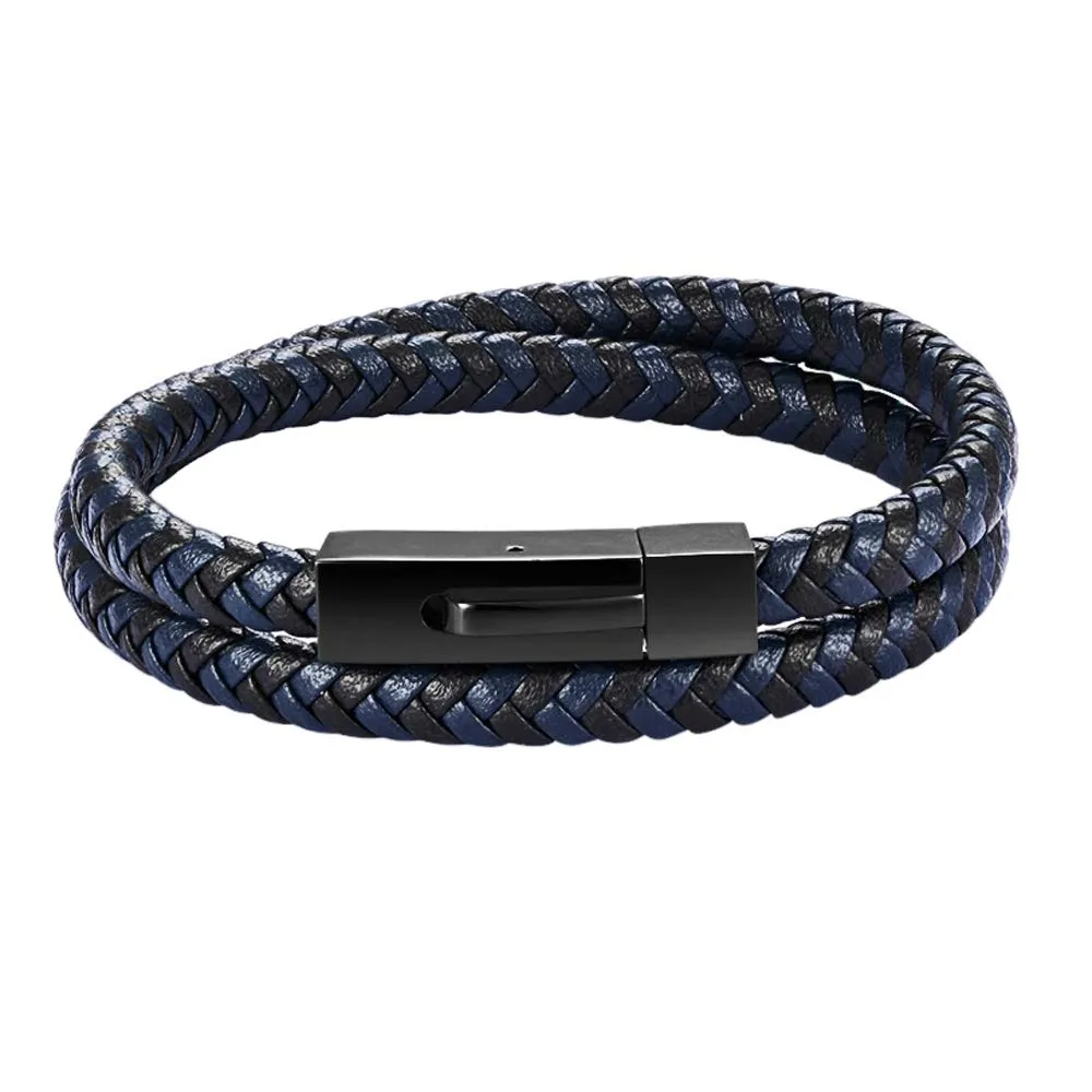 Mens Wrap Bracelet in Italian Nappa Leather - Adjustable Size - Genuine Black and Blue Chevron Woven Pattern Leather Wristband - Unique Gift for Men - Gifts for Him