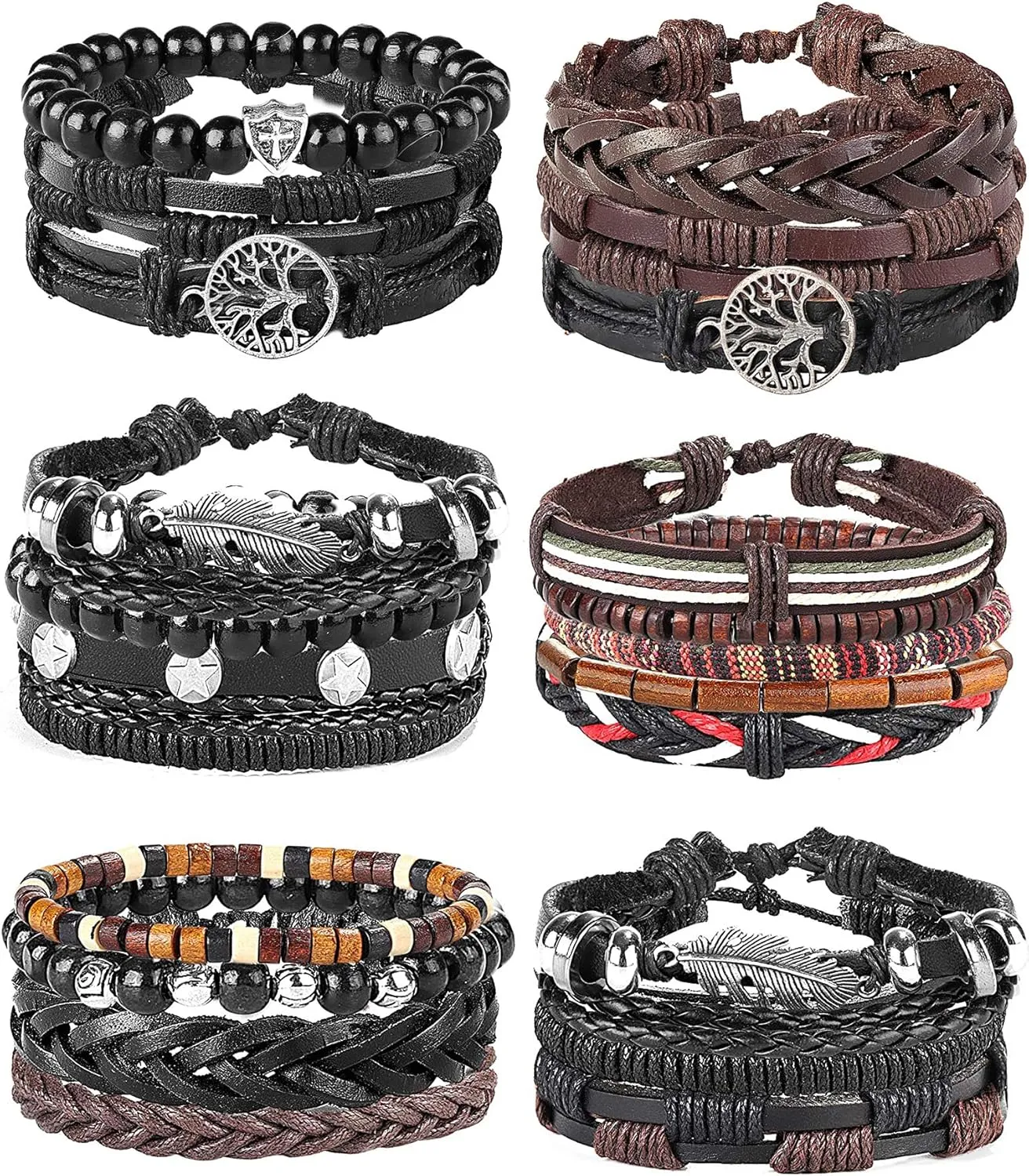 MILACOLATO 22-32 Pcs Braided Leather Bracelet for Men Women Woven Wrist Cuff Bracelets Hemp Cords Wood Beads Ethnic Tribal Handmade Wrap Adjustable