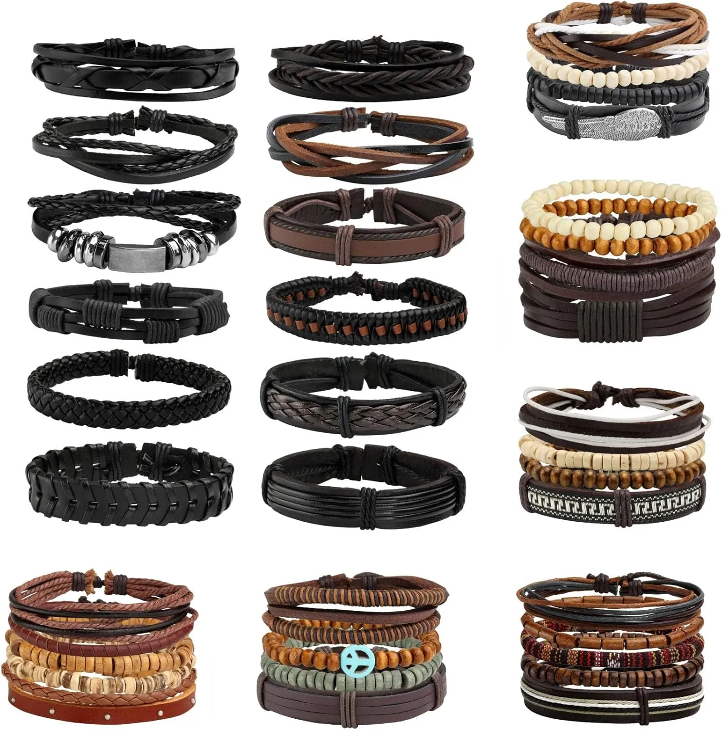 MILAKOO 38 Pcs Black & Brown Braided Leather Bracelets Vintage Retro Boho Style Cuff Wrap Wristband with Wooden Bead Stretchy Bracelets for Wome Men Classical PU Adjustable Bracelets