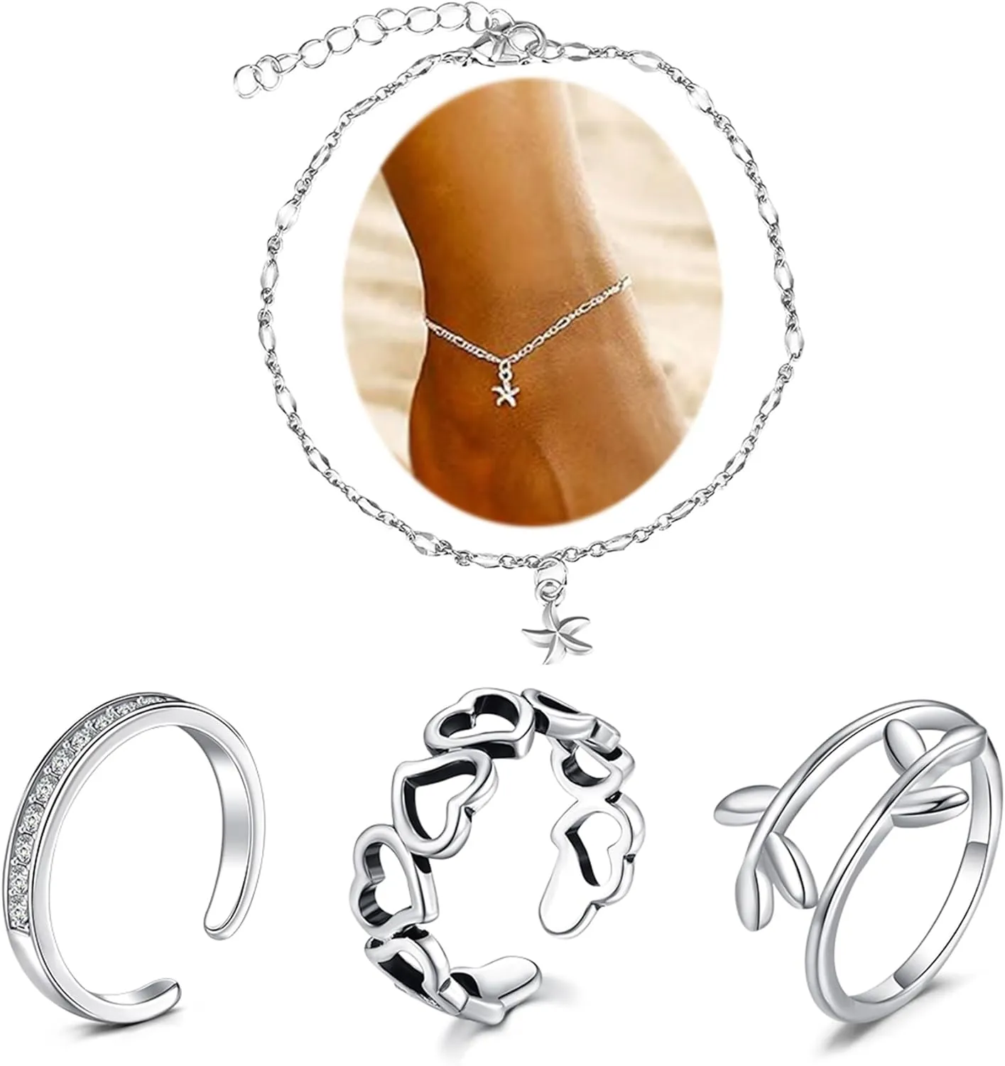 MODRSA Silver Gold Toe Rings for Women Bracelets Anklets Waterproof Toe Rings Non Tarnish Adjustable Womens Toe Rings Jewelry Simple Trendy