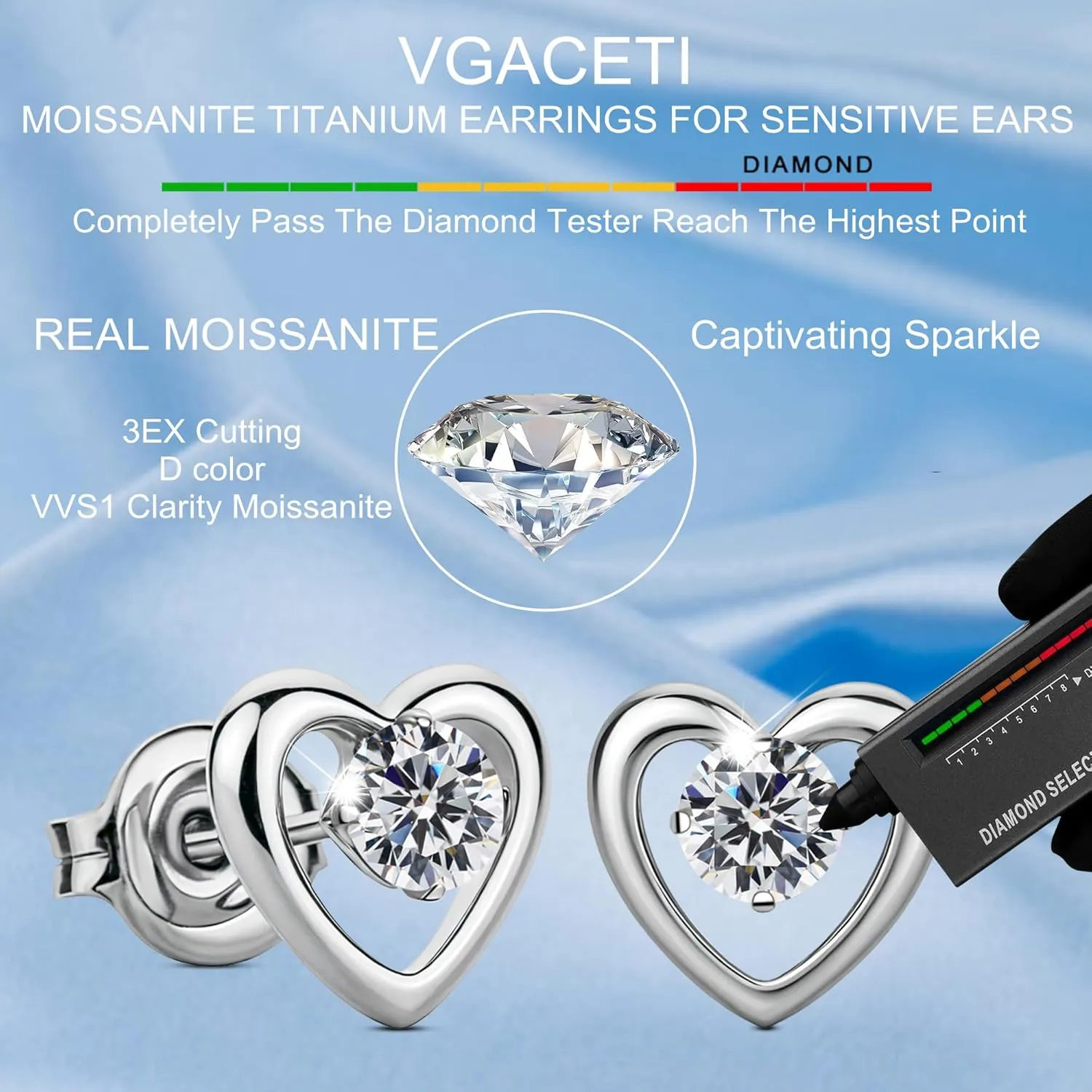 Moissanite Stud Earrings in Pure Titanium Heart/Daisy/Flower, G23 Titanium Earrings for Sensitive Ears Hypoallergenic with 0.6ct D Color VVS1 Round Cut Lab Created Diamond Earrings