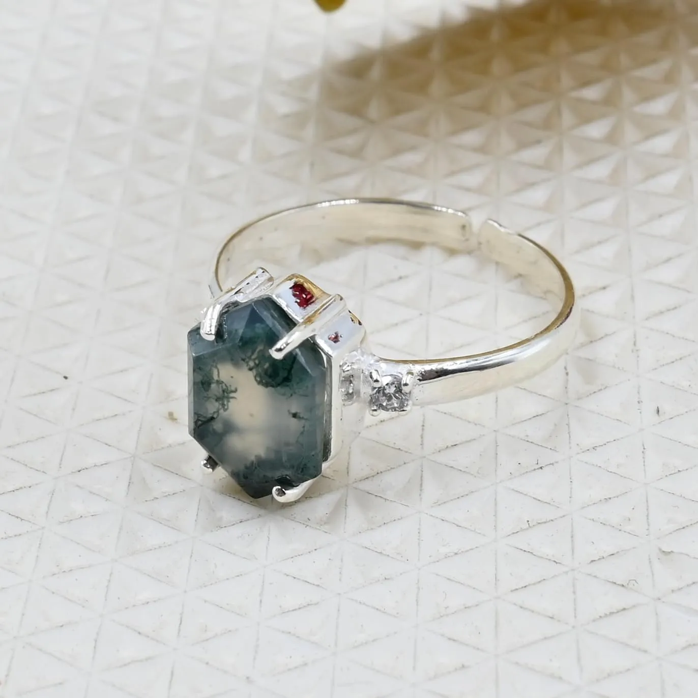 Natural Moss Agate Hexagon Gemstone Ring 925 Sterling Silver jewelry Moss Agate Faceted Designer Ring Adjustable band Ring for women