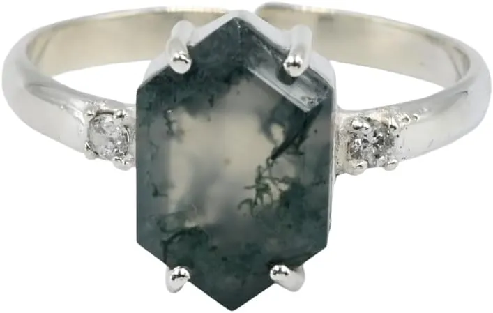 Natural Moss Agate Hexagon Gemstone Ring 925 Sterling Silver jewelry Moss Agate Faceted Designer Ring Adjustable band Ring for women