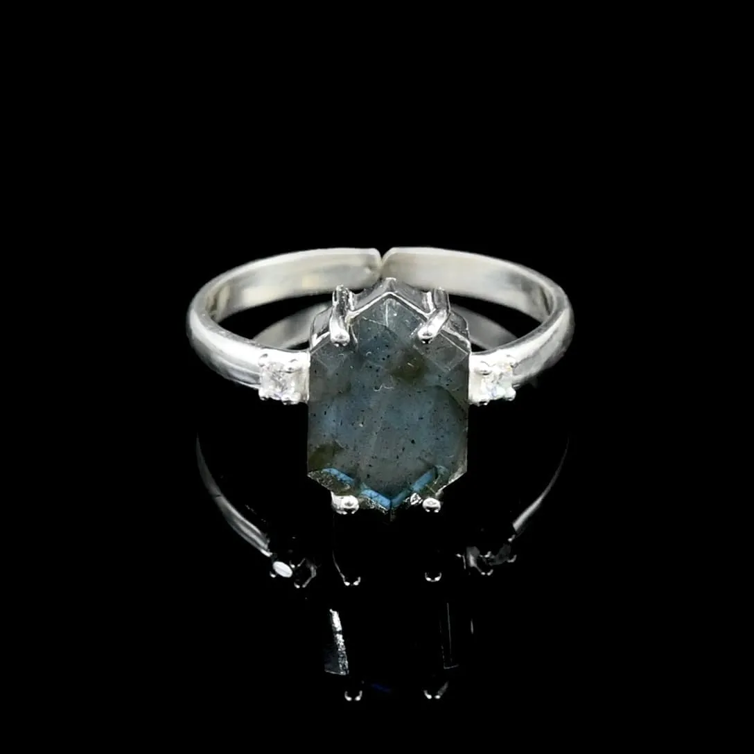 Natural Moss Agate Hexagon Gemstone Ring 925 Sterling Silver jewelry Moss Agate Faceted Designer Ring Adjustable band Ring for women