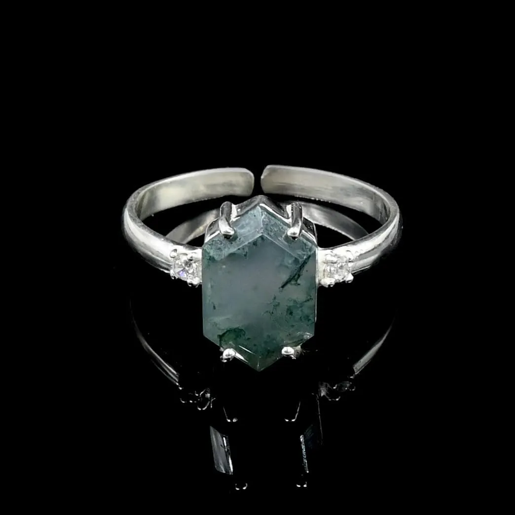 Natural Moss Agate Hexagon Gemstone Ring 925 Sterling Silver jewelry Moss Agate Faceted Designer Ring Adjustable band Ring for women