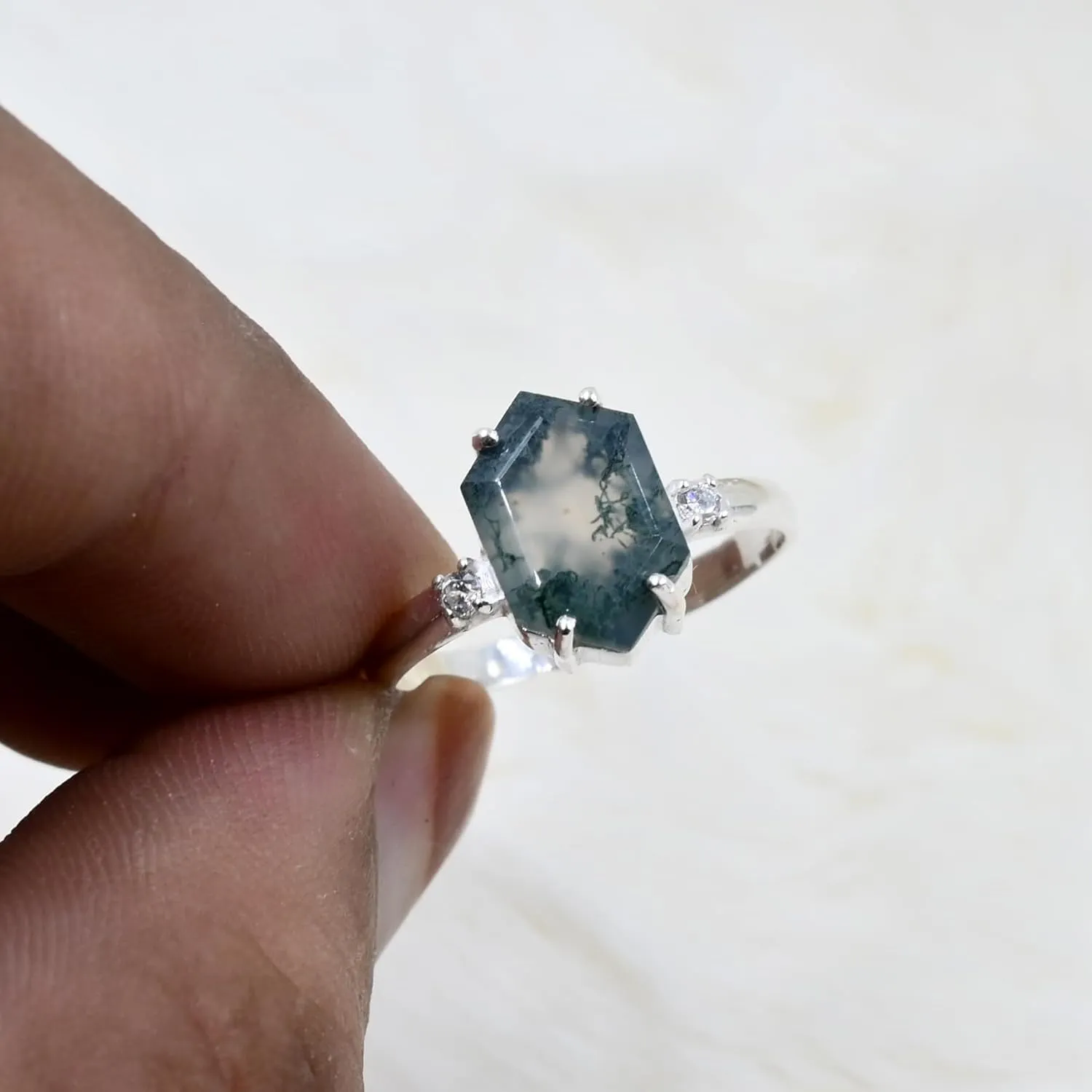 Natural Moss Agate Hexagon Gemstone Ring 925 Sterling Silver jewelry Moss Agate Faceted Designer Ring Adjustable band Ring for women