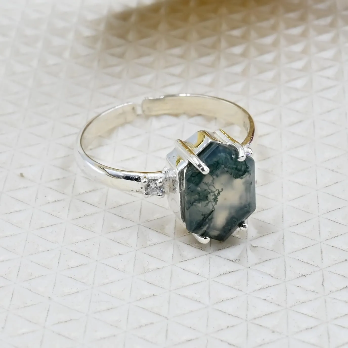 Natural Moss Agate Hexagon Gemstone Ring 925 Sterling Silver jewelry Moss Agate Faceted Designer Ring Adjustable band Ring for women