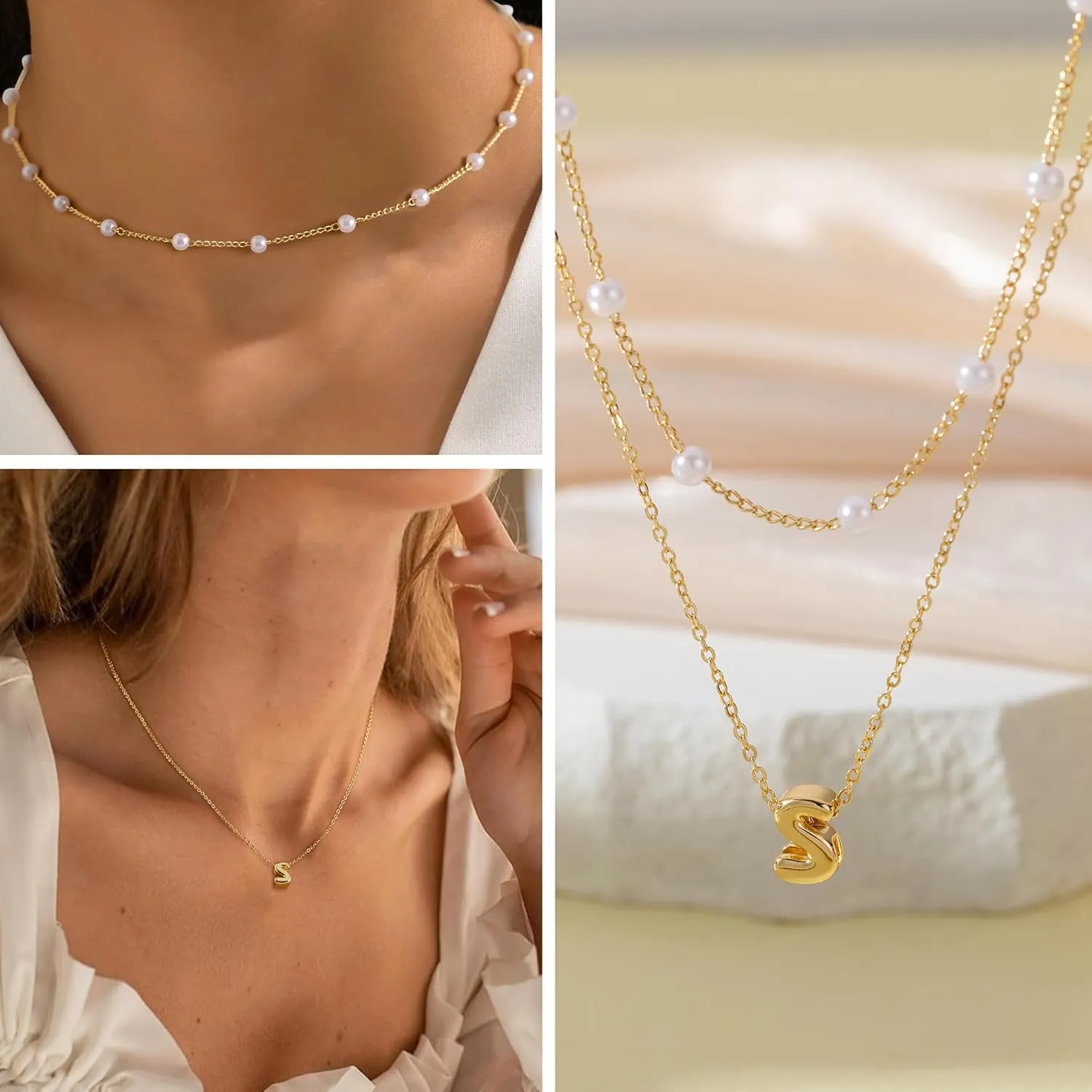 OOOPEL Gold Layered Pearl Initial Necklaces for Women Non Tarnish 14K Gold Plated Necklaces Durable Waterproof Dainty A-Z Pendant Choker Small Pearl Letter Necklace Personalized Jewelry Gifts