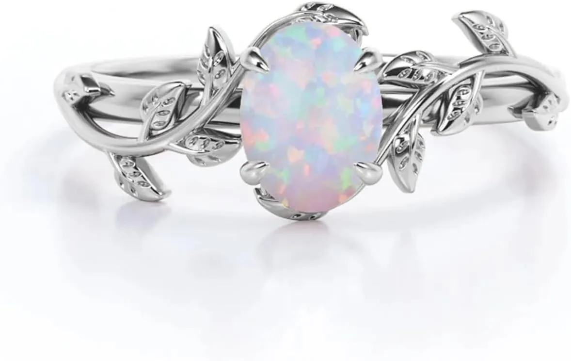 Opal Rings Sterling Silver Wedding Rings for Women, White Opal Engagement Promise Band Ring Anniversary Promise Rings for Her with Free Engraving