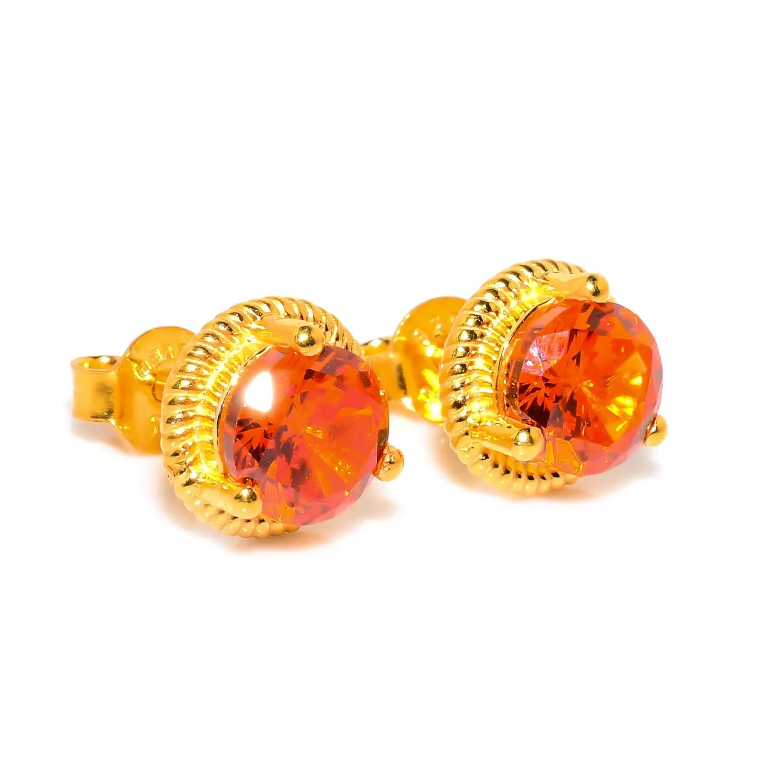 Orange Topaz Gemstone Earrings for Woman 925 Sterling Silver Studs for Girls Ear cuff 8 mm (Yellow Gold Plated)