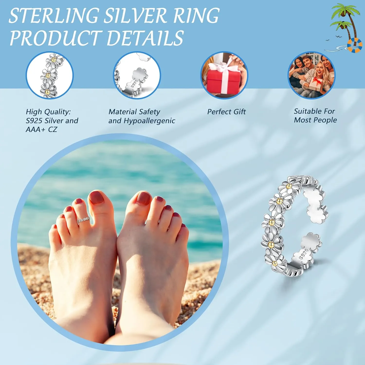 ORAZIO Toe Rings for Women,925 Sterling Silver Toe Rings Adjustable Toe Rings - CZ Flower Cross Twist Knot Opal Toe Ring Cuff - Open Womens Toe Rings Stylish Beach Band Ring Nail Rings Foot Jewelry for Summer
