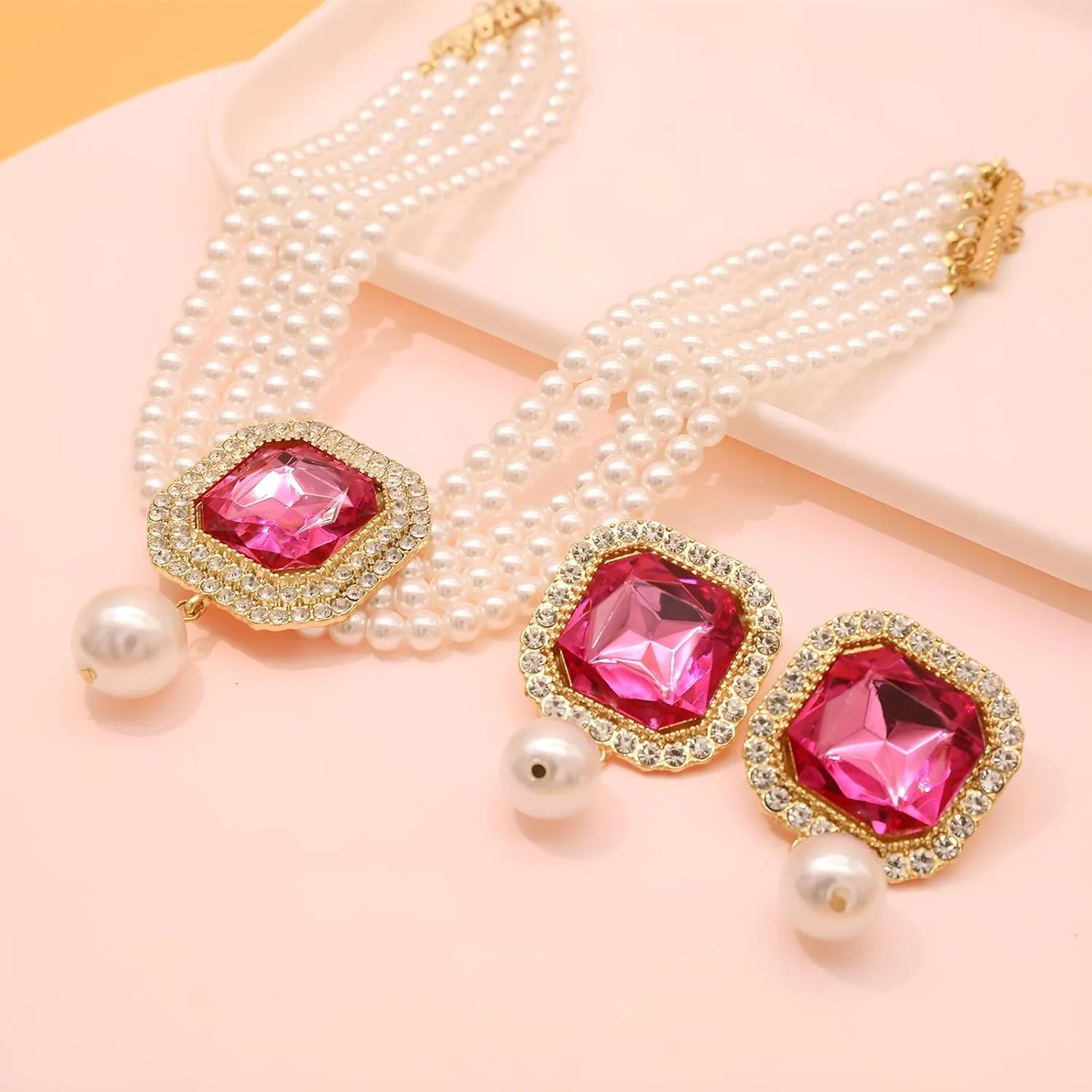 Pearl Choker Necklace for Women Gold Crystal Rhinestone Pearl Collar Statement Necklaces Earrings Bridal Pearls Diamond jewelry Set for Wedding