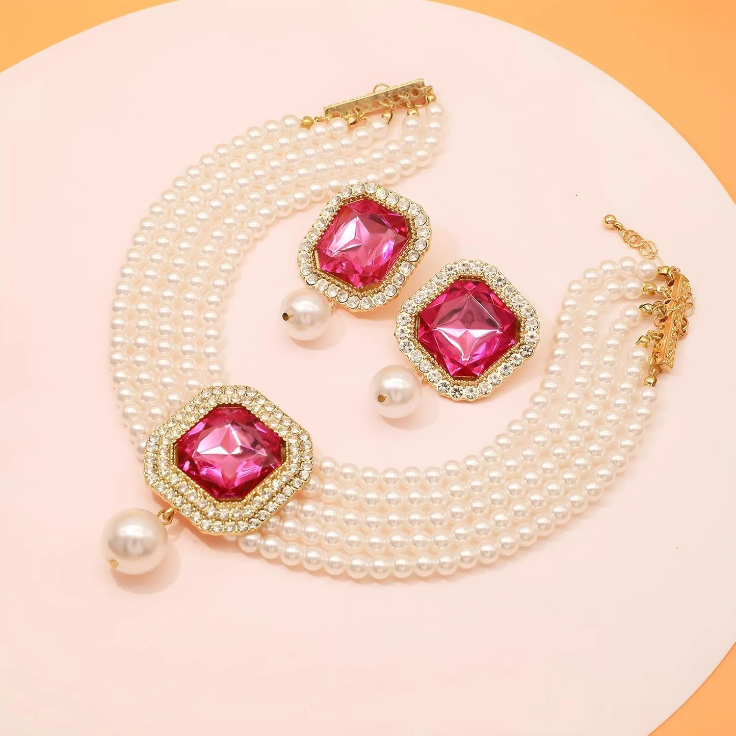 Pearl Choker Necklace for Women Gold Crystal Rhinestone Pearl Collar Statement Necklaces Earrings Bridal Pearls Diamond jewelry Set for Wedding