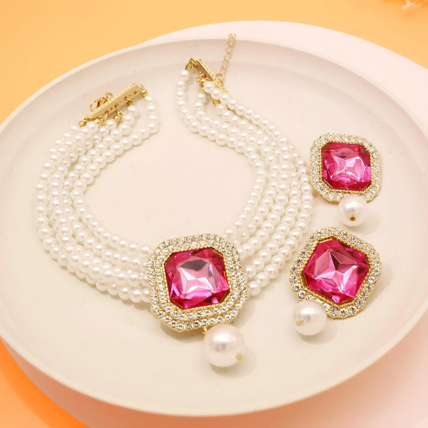 Pearl Choker Necklace for Women Gold Crystal Rhinestone Pearl Collar Statement Necklaces Earrings Bridal Pearls Diamond jewelry Set for Wedding