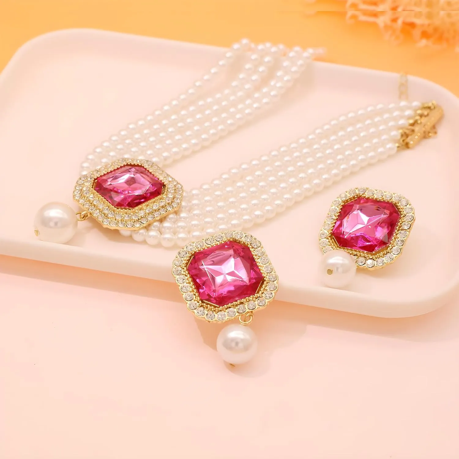 Pearl Choker Necklace for Women Gold Crystal Rhinestone Pearl Collar Statement Necklaces Earrings Bridal Pearls Diamond jewelry Set for Wedding