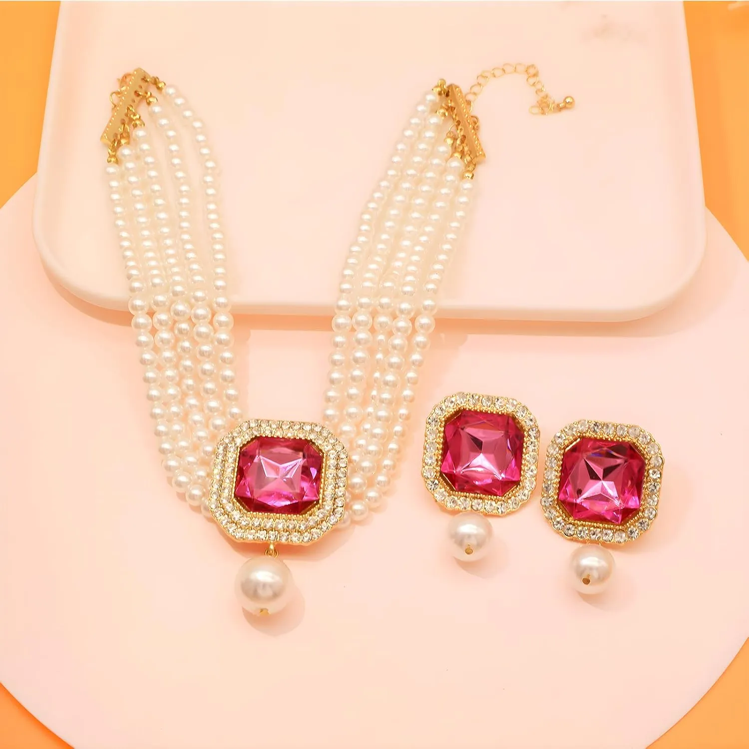 Pearl Choker Necklace for Women Gold Crystal Rhinestone Pearl Collar Statement Necklaces Earrings Bridal Pearls Diamond jewelry Set for Wedding