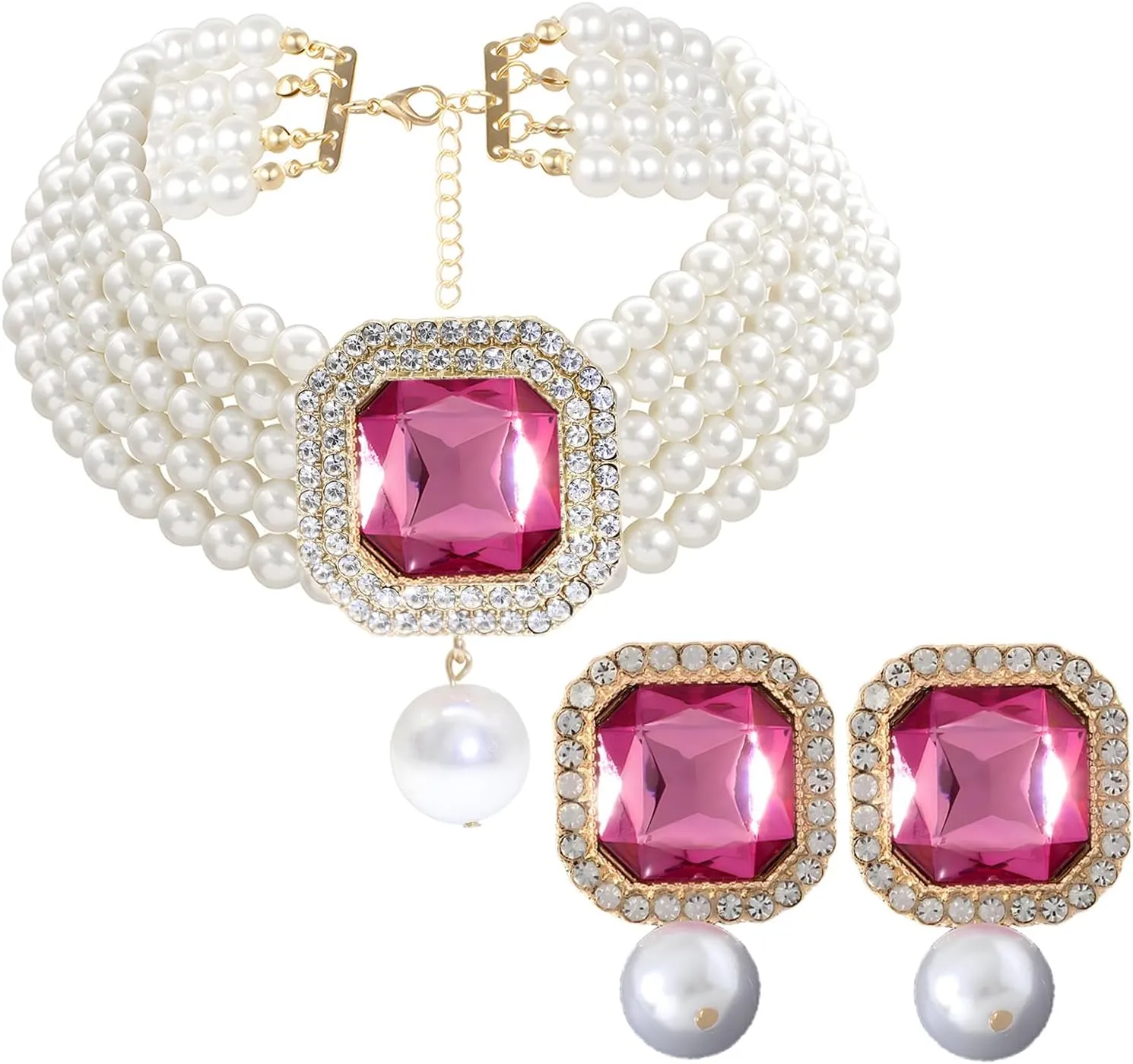 Pearl Choker Necklace for Women Gold Crystal Rhinestone Pearl Collar Statement Necklaces Earrings Bridal Pearls Diamond jewelry Set for Wedding