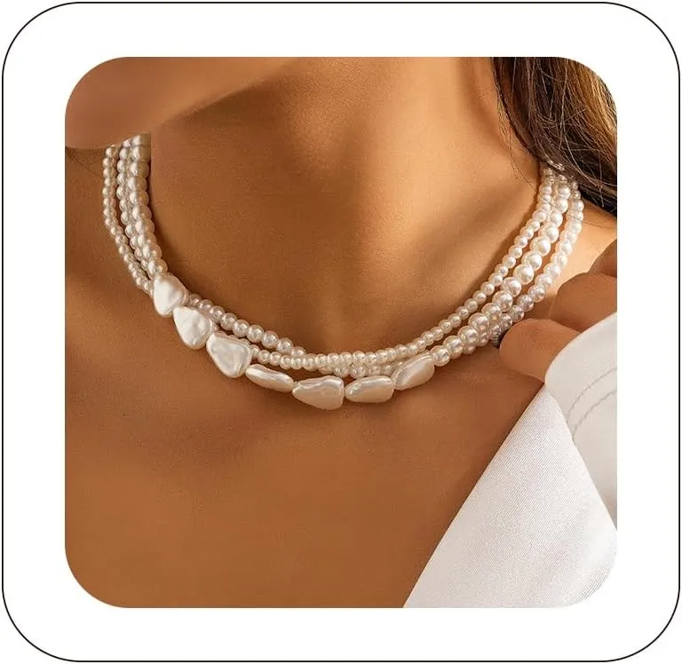 Pearl Choker Necklace for Women Layered Pearl Beaded Necklace Vintage Multilayer Pearl Necklace Wedding Party Prom Choker Necklace Adjustable Pearl Necklace Jewelry Gift