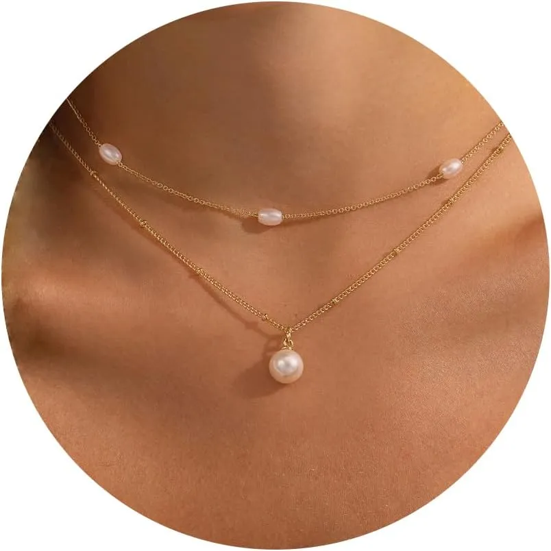 Pearl Necklaces for Women-14k Gold Plated Layered-Single Pearl Necklace Simple Pearl Choker Necklaces for Women Trendy Cute Gold Necklace Jewelry for Women Gifts