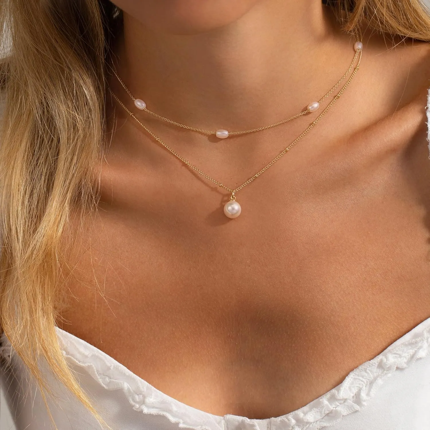 Pearl Necklaces for Women-14k Gold Plated Layered-Single Pearl Necklace Simple Pearl Choker Necklaces for Women Trendy Cute Gold Necklace Jewelry for Women Gifts