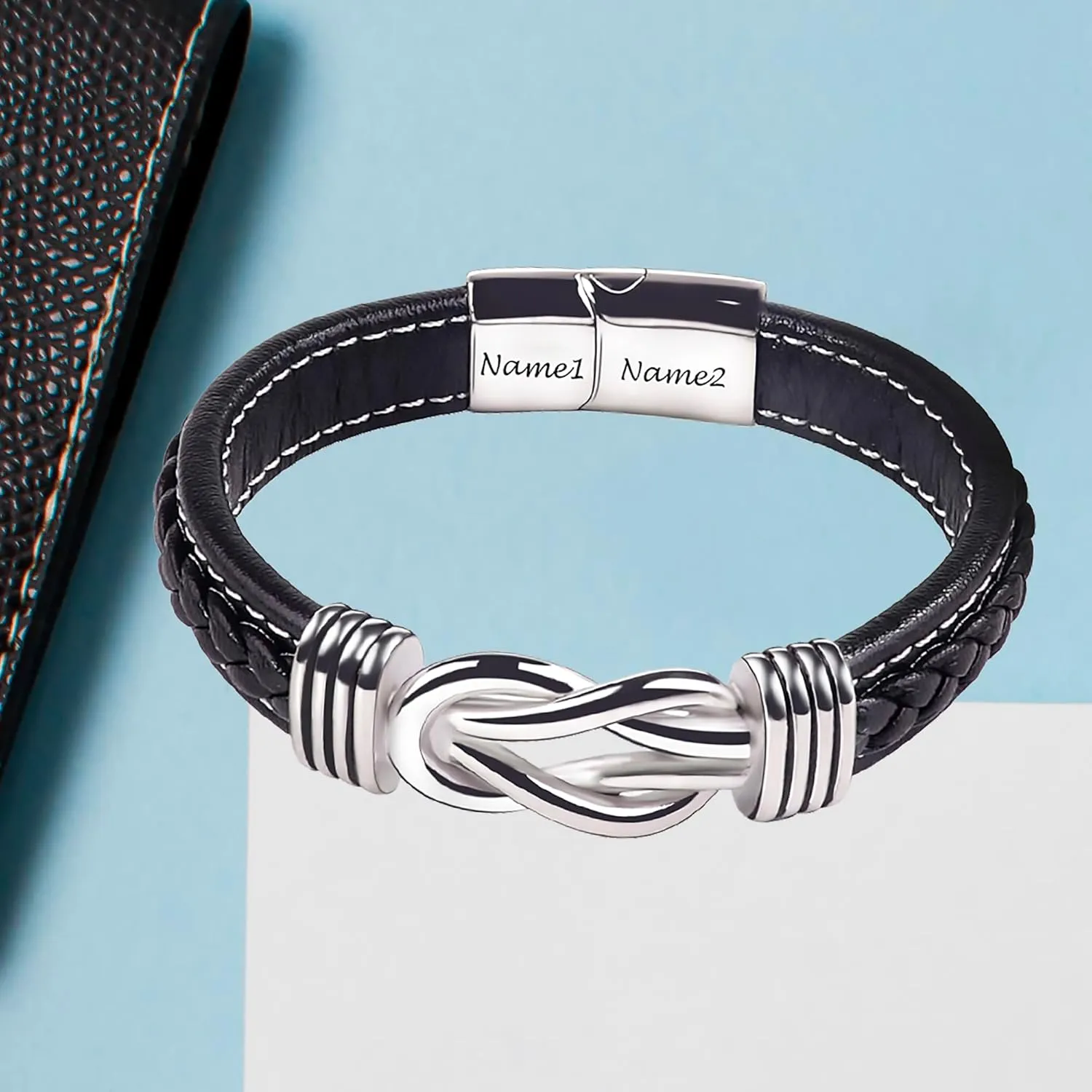 Personalized Engraved Name Bracelets Men Leather Bracelets To My Son/Grandson Memorial Birthday Gifts