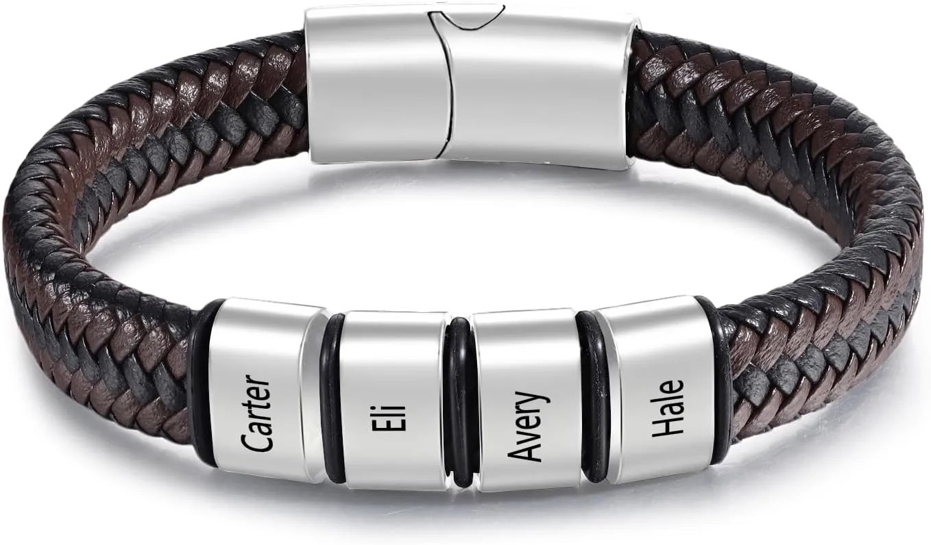 Personalized Men's Bracelets with Names Custom Leather Bracelets for Men Family Gifts for Men Father's Day Christmas Day Anniversary