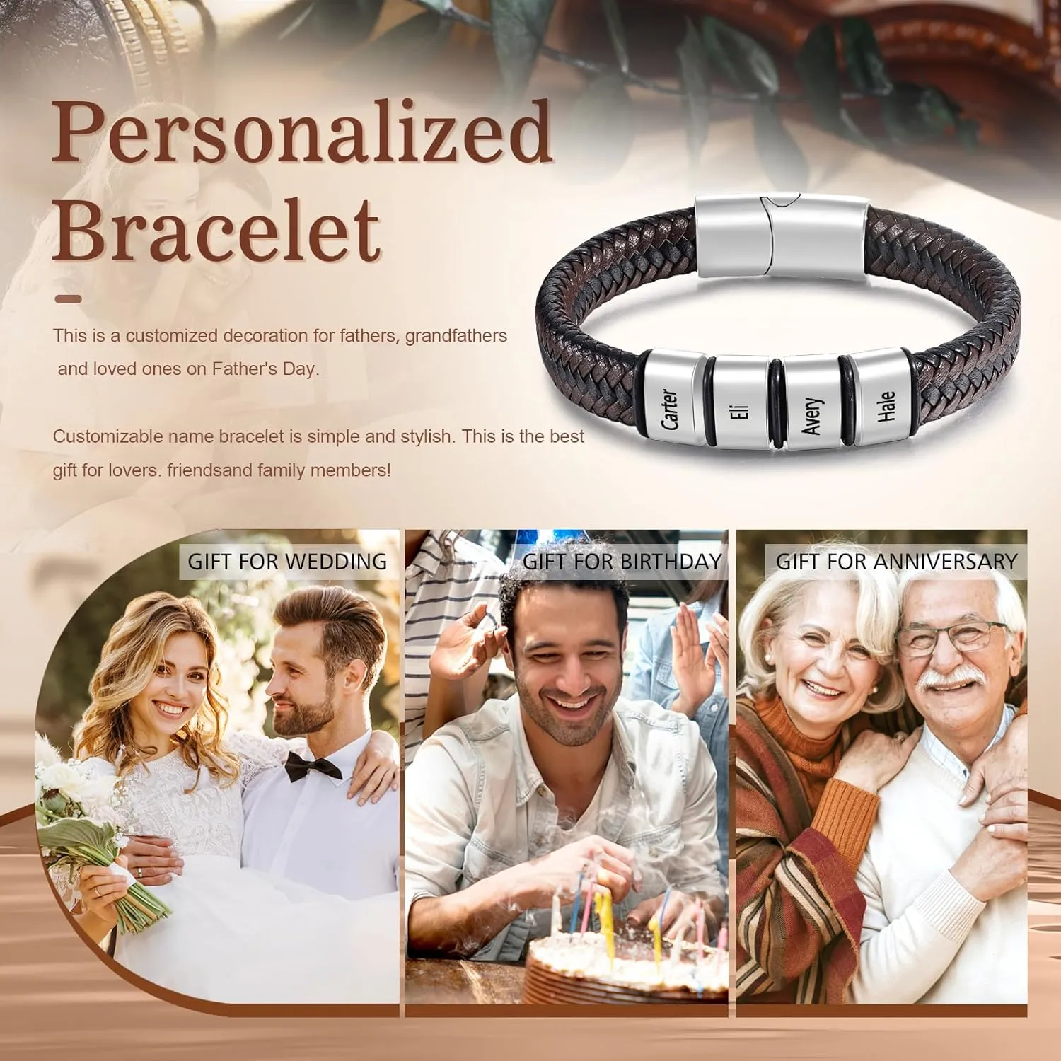 Personalized Men's Bracelets with Names Custom Leather Bracelets for Men Family Gifts for Men Father's Day Christmas Day Anniversary