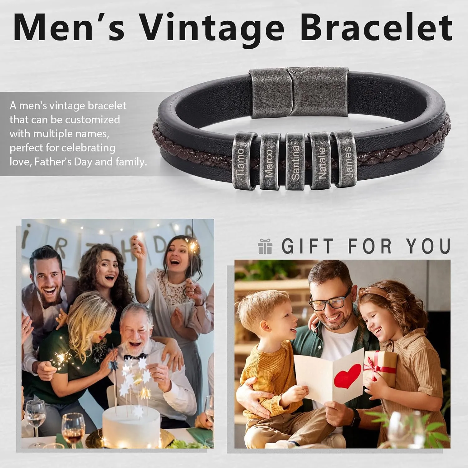 Personalized Mens Leather Bracelet Braid Leather Bracelet for Men Engraved 1-5 Names Gifts for Dad Grandpa Boyfriend Son