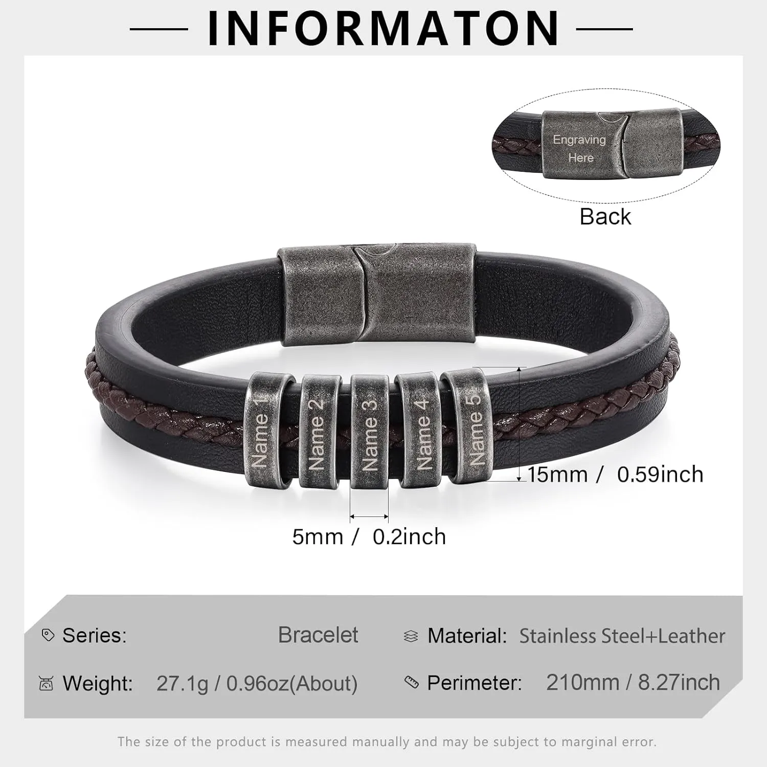 Personalized Mens Leather Bracelet Braid Leather Bracelet for Men Engraved 1-5 Names Gifts for Dad Grandpa Boyfriend Son