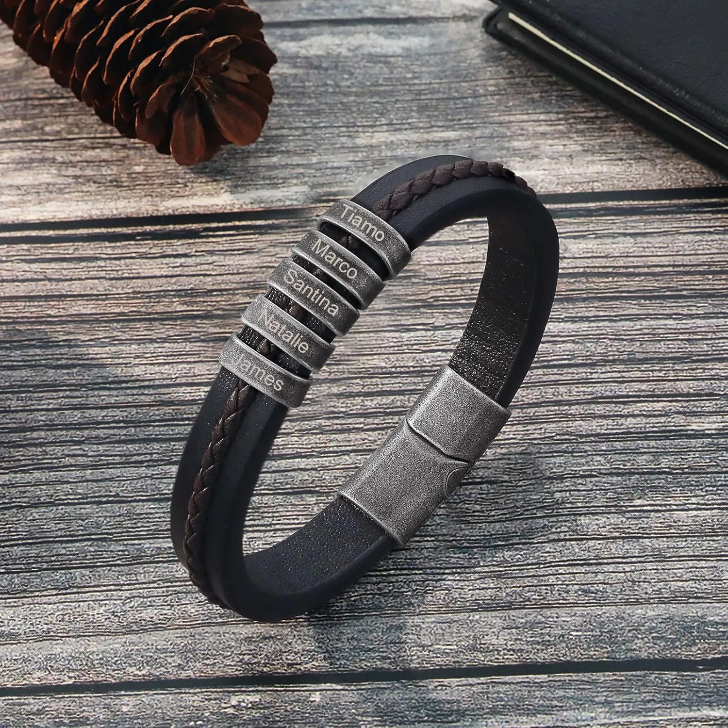 Personalized Mens Leather Bracelet Braid Leather Bracelet for Men Engraved 1-5 Names Gifts for Dad Grandpa Boyfriend Son