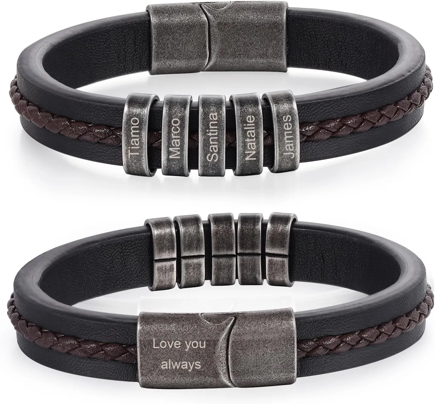 Personalized Mens Leather Bracelet Braid Leather Bracelet for Men Engraved 1-5 Names Gifts for Dad Grandpa Boyfriend Son