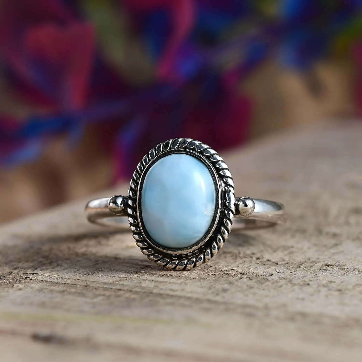 PHNX Sterling Silver Larimar Rings for Women, Oval Engagement Ring, Minimalist Stacking Rings, Chunky Bohemian Jewelry