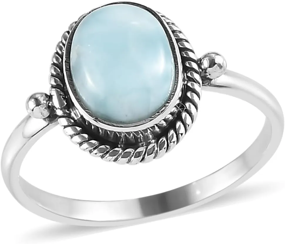PHNX Sterling Silver Larimar Rings for Women, Oval Engagement Ring, Minimalist Stacking Rings, Chunky Bohemian Jewelry
