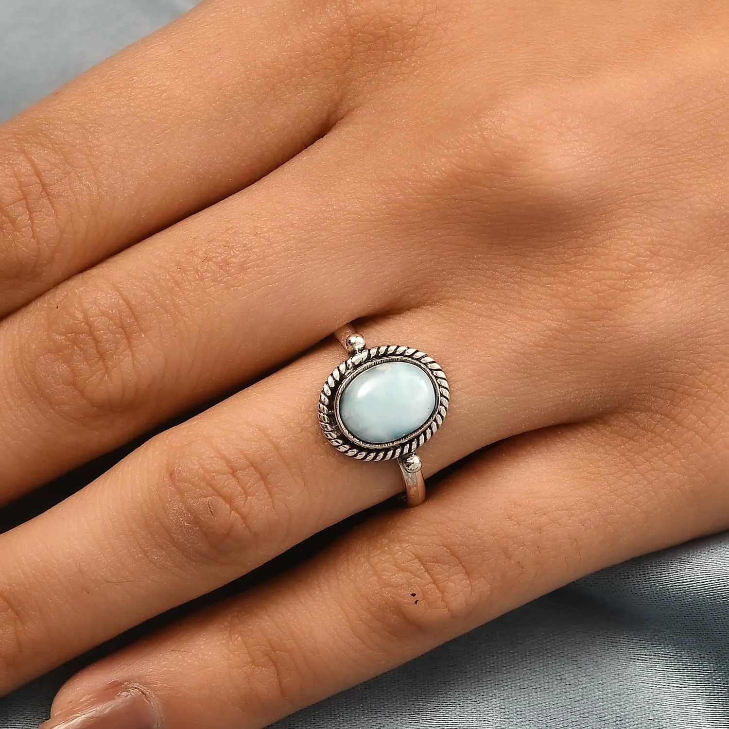 PHNX Sterling Silver Larimar Rings for Women, Oval Engagement Ring, Minimalist Stacking Rings, Chunky Bohemian Jewelry
