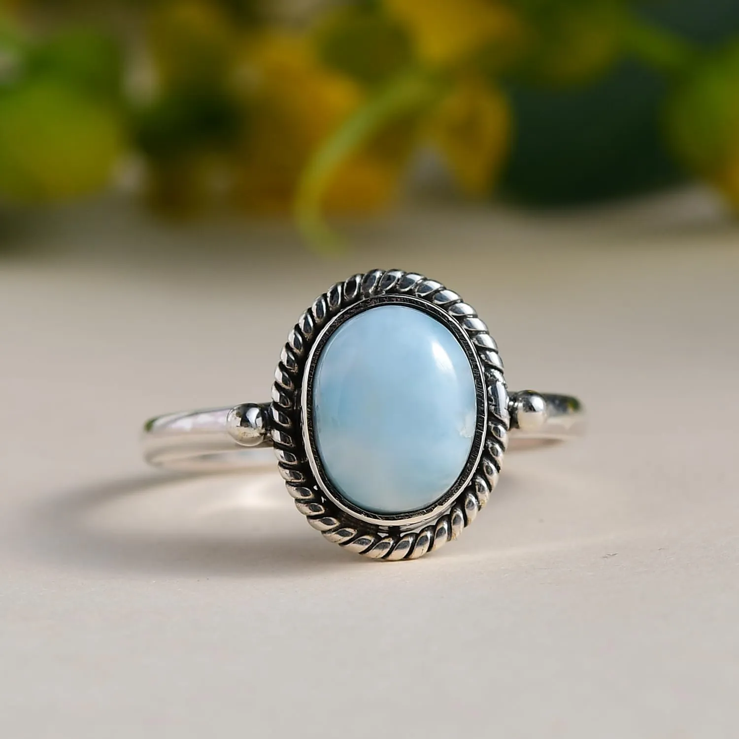 PHNX Sterling Silver Larimar Rings for Women, Oval Engagement Ring, Minimalist Stacking Rings, Chunky Bohemian Jewelry