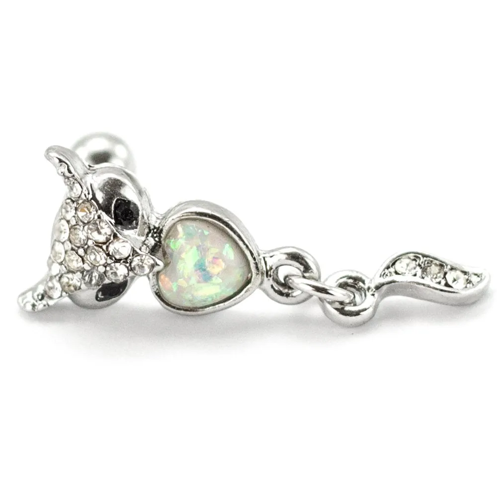 Pierce2go Silver Fox Cartilage/Tragus Ring with White Opalite Stone - 16 Gauge - 1/4" Barbell Length