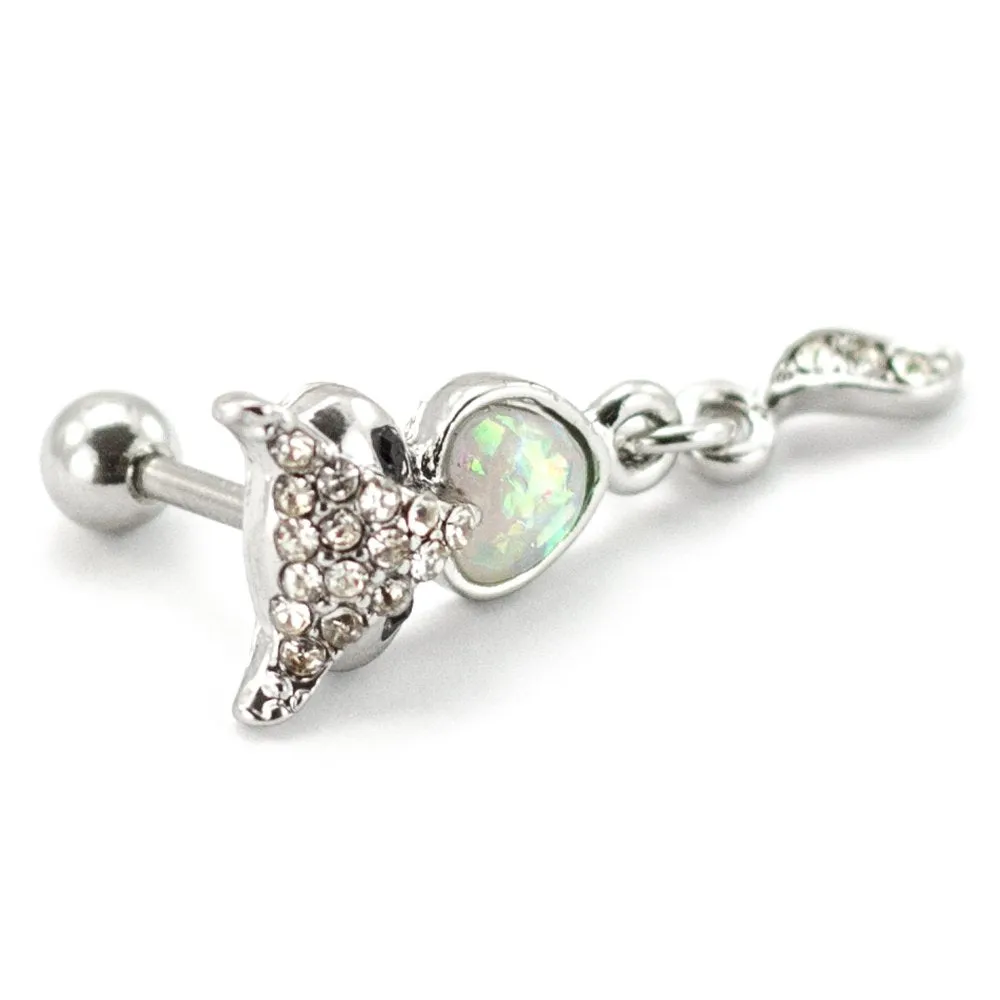 Pierce2go Silver Fox Cartilage/Tragus Ring with White Opalite Stone - 16 Gauge - 1/4" Barbell Length