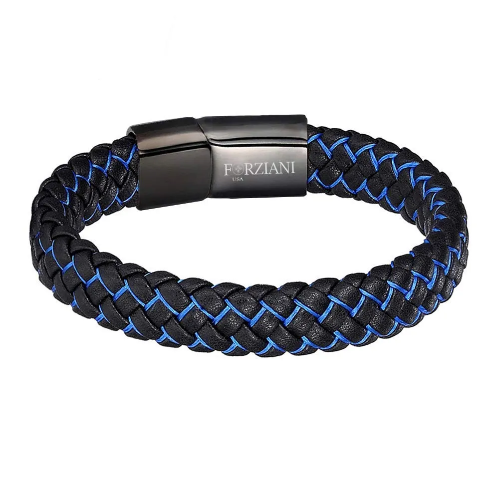 Premium Black and Blue Woven Leather Bracelet for Men  Mens Genuine Braided Leather Wristband Stainless Steel Clasp - Size Medium - Gift Box Packaged - Best Mens Gift
