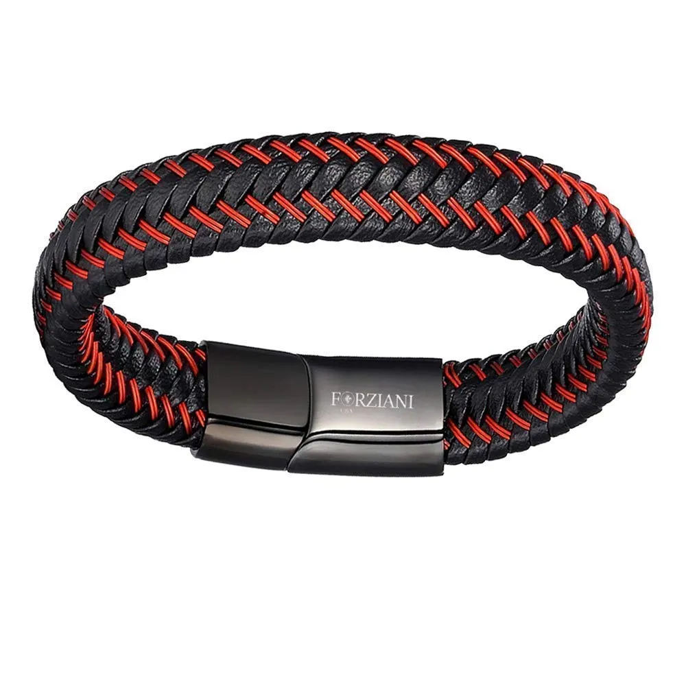 Premium Black Red American Woven Leather Bracelet for Men  Mens Genuine Braided Leather Wristband Stainless Steel Clasp - Sz Medium - Gift Box Packaged - Mens Gift