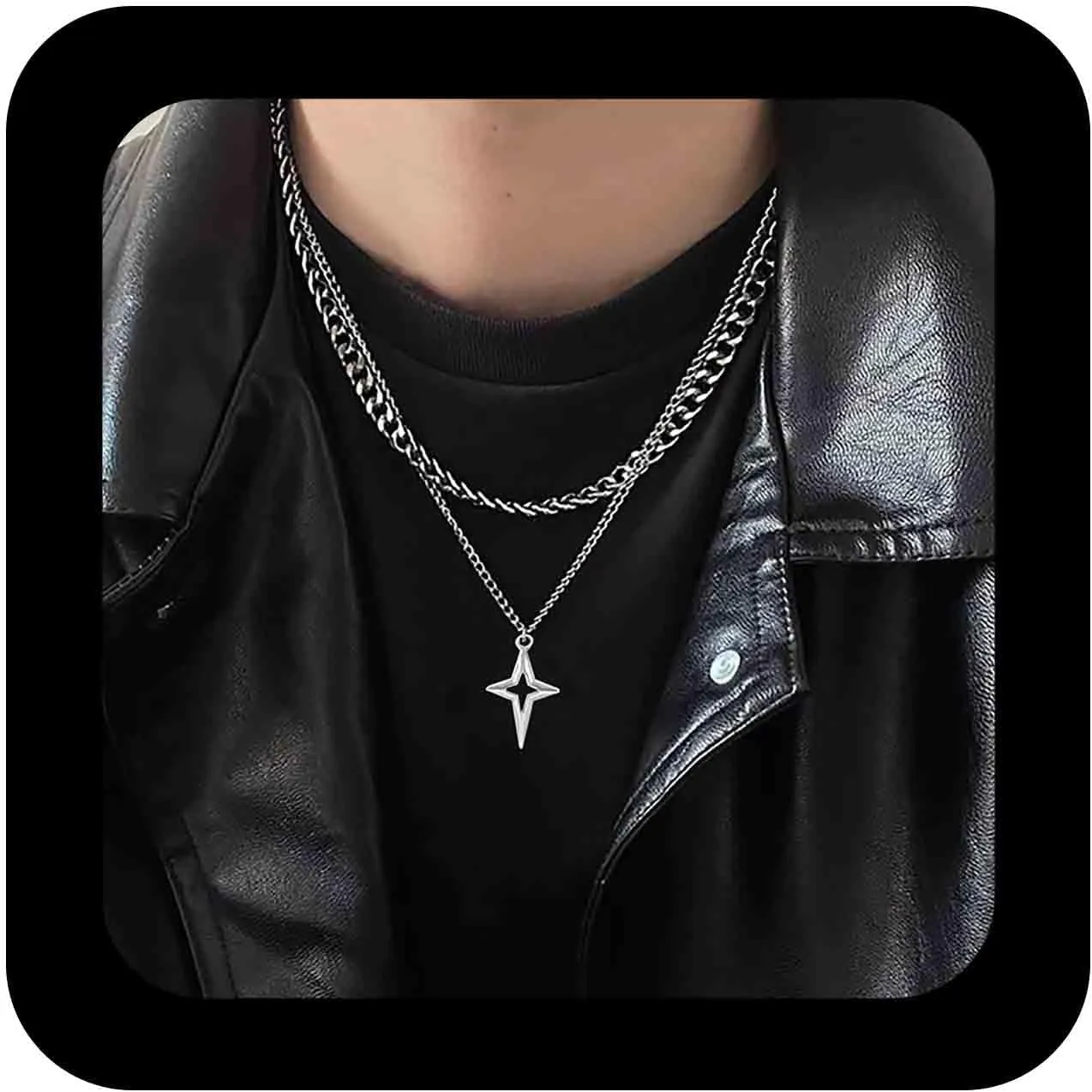 Punk Layered Cross Choker Necklace Silver Hollow Cross Star Pendant Necklace Metal Cuban Curb Chain Necklaces North Star Curby Chain Necklaces Jewelry for Women