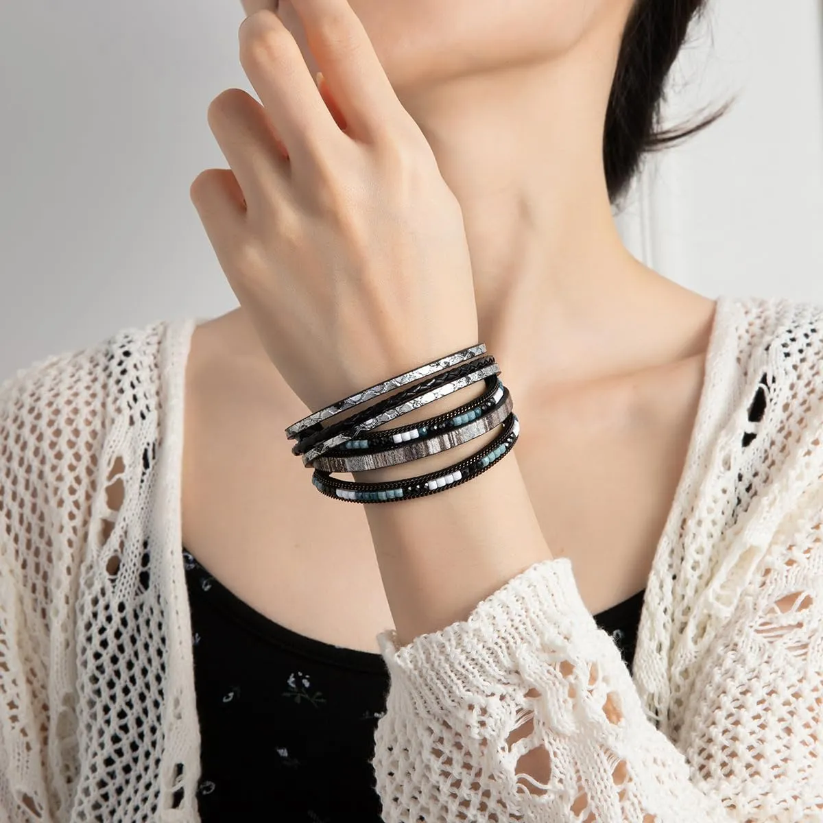 Rantanto Boho Braided Leather Wrap Bracelet Trendy Layered Cuff Bracelets Bohemian Stackable Fashion Bracelet Jewelry For Women