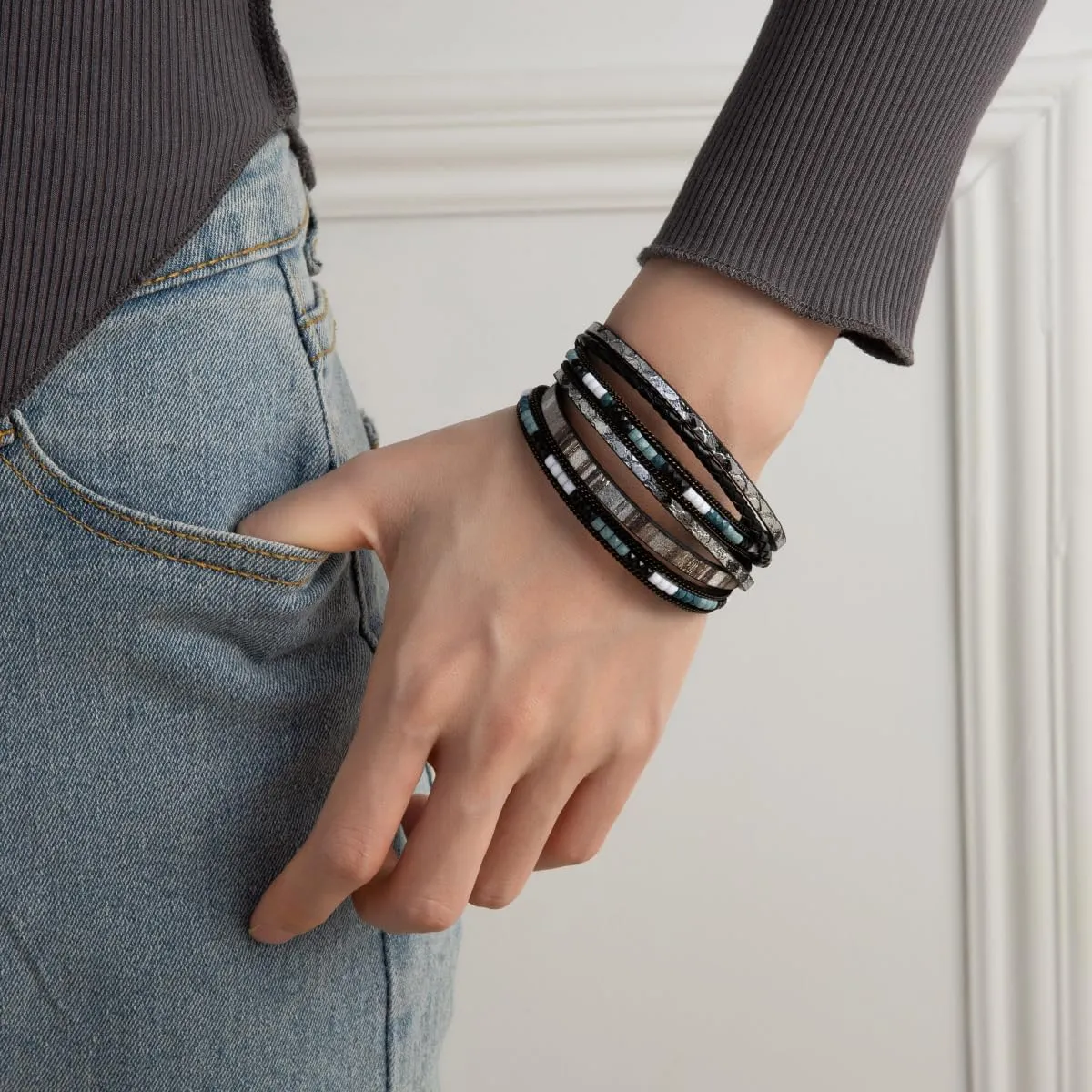 Rantanto Boho Braided Leather Wrap Bracelet Trendy Layered Cuff Bracelets Bohemian Stackable Fashion Bracelet Jewelry For Women