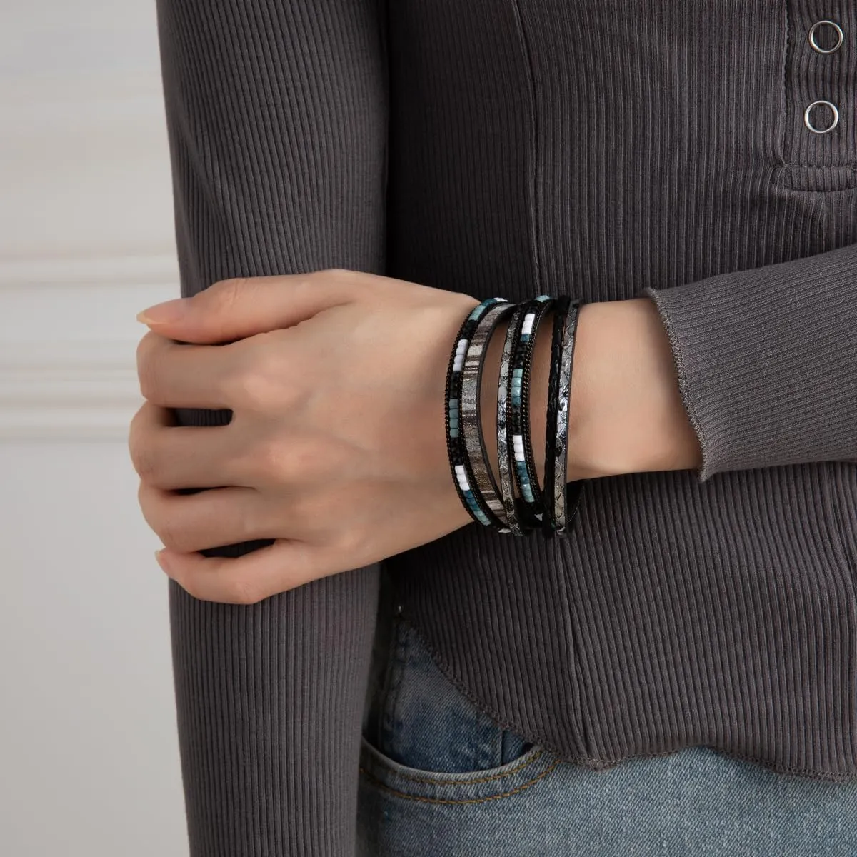 Rantanto Boho Braided Leather Wrap Bracelet Trendy Layered Cuff Bracelets Bohemian Stackable Fashion Bracelet Jewelry For Women
