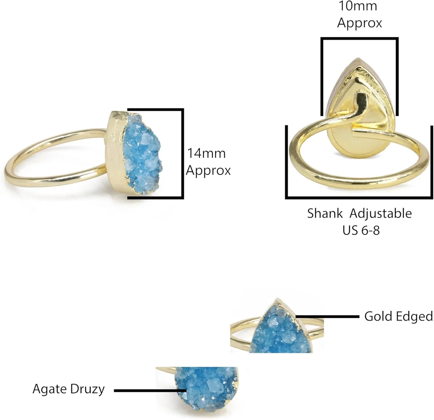Raw Gemstone Dainty Druzy Pear Ring, Adjustable Rings for Women, Handmade Jewelry Boho Rings