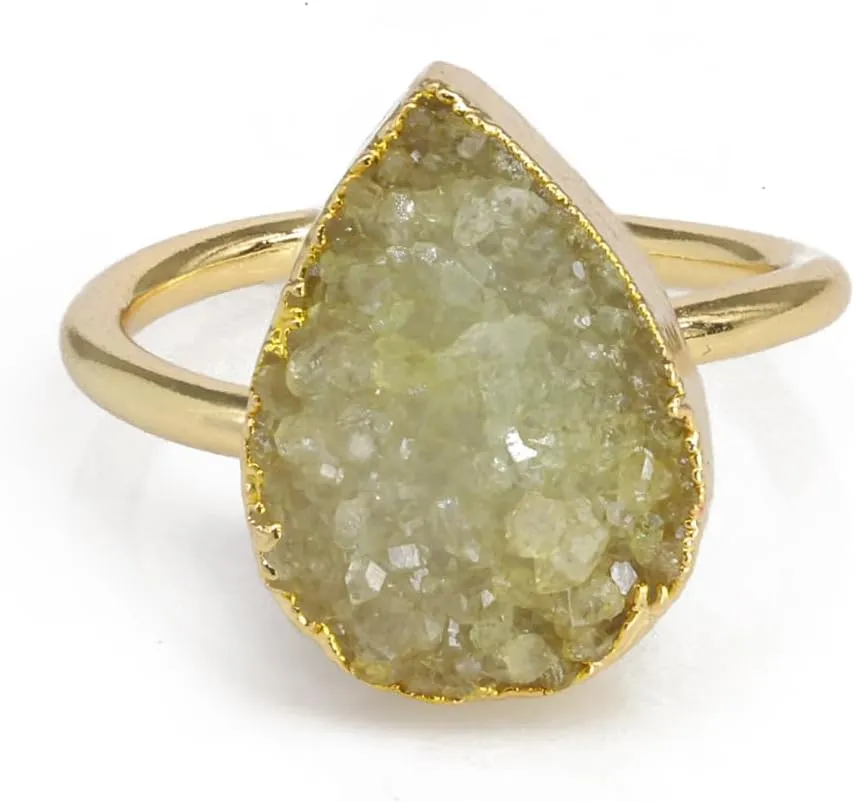 Raw Gemstone Dainty Druzy Pear Ring, Adjustable Rings for Women, Handmade Jewelry Boho Rings
