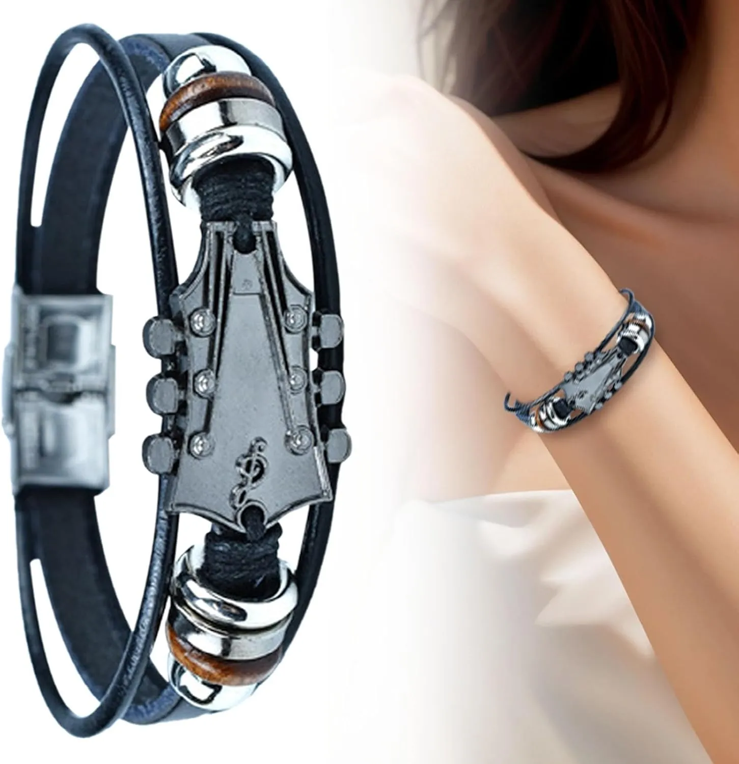 Retro Faux Leather Guitar Bracelet, Zinc Alloy Guitar Bracelets, Rock Music Leather Bracelet, Mens Womens Leather Handmade Braided Multi-Layer Wrap Bracelets Gifts