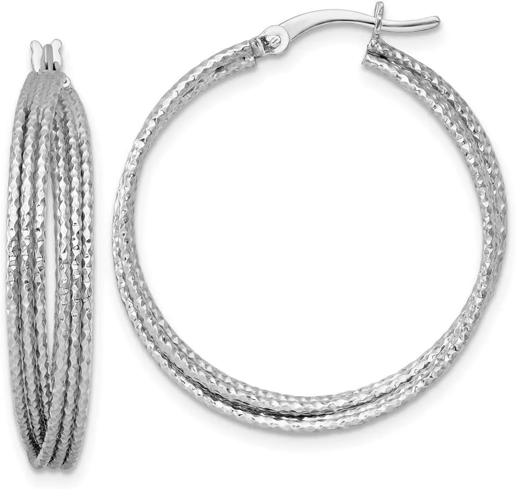 Rhodium Plated Textured 31.0mm Crisscross Round Hoop Earrings 31.5x30.8mm Wide 5.5mm Thick-Hoop Earring for Women